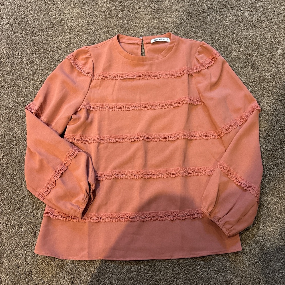 Pink Ribbed Long Sleeve Blouse